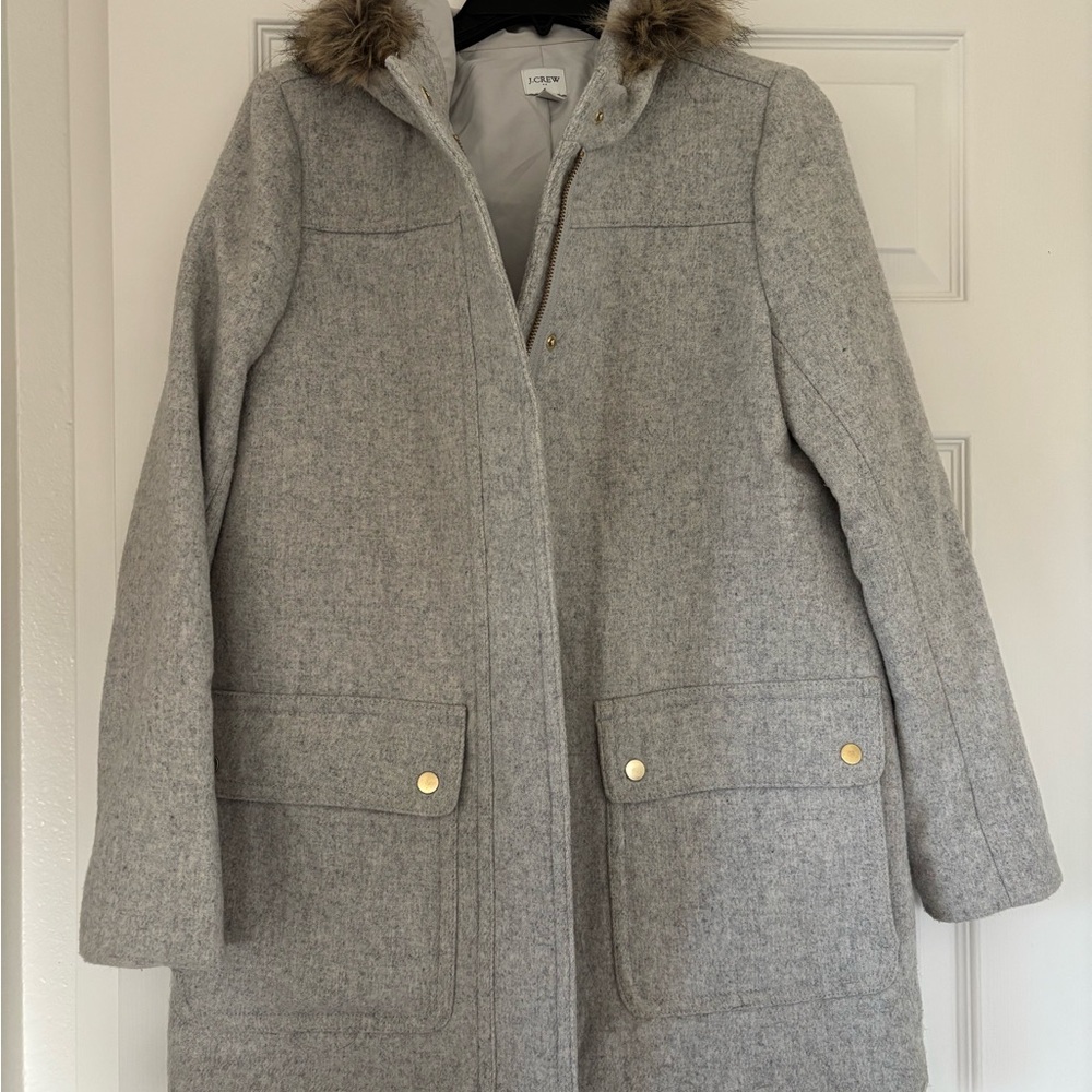 J Crew Gray Women's Coat with Faux Fur Trim